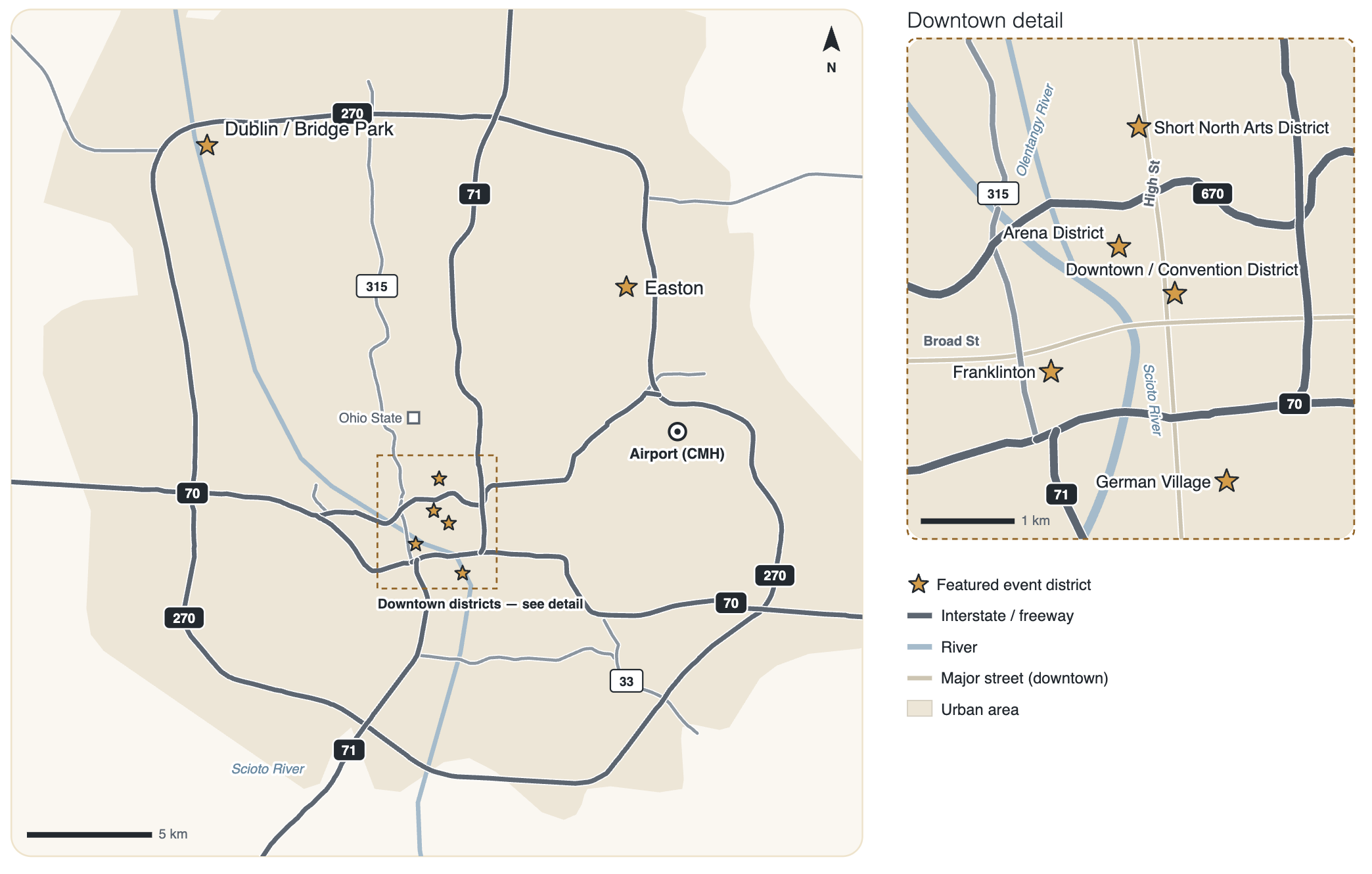 Map of Columbus event districts, including Downtown, Short North, Arena District, Franklinton, Easton, German Village, and Dublin Bridge Park